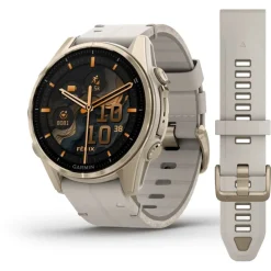 Fenix 8 Amoled 43mm Verre Sapphire lunette Soft Gold bracelet cuir beige crème + silicone gris cendré010-02903-40<Garmin Fashion