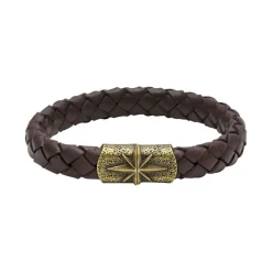- Bracelet KINGDOM Cuir tressé Marron fermoir Acier PVD jaune vintageHB6503<Rochet Hot